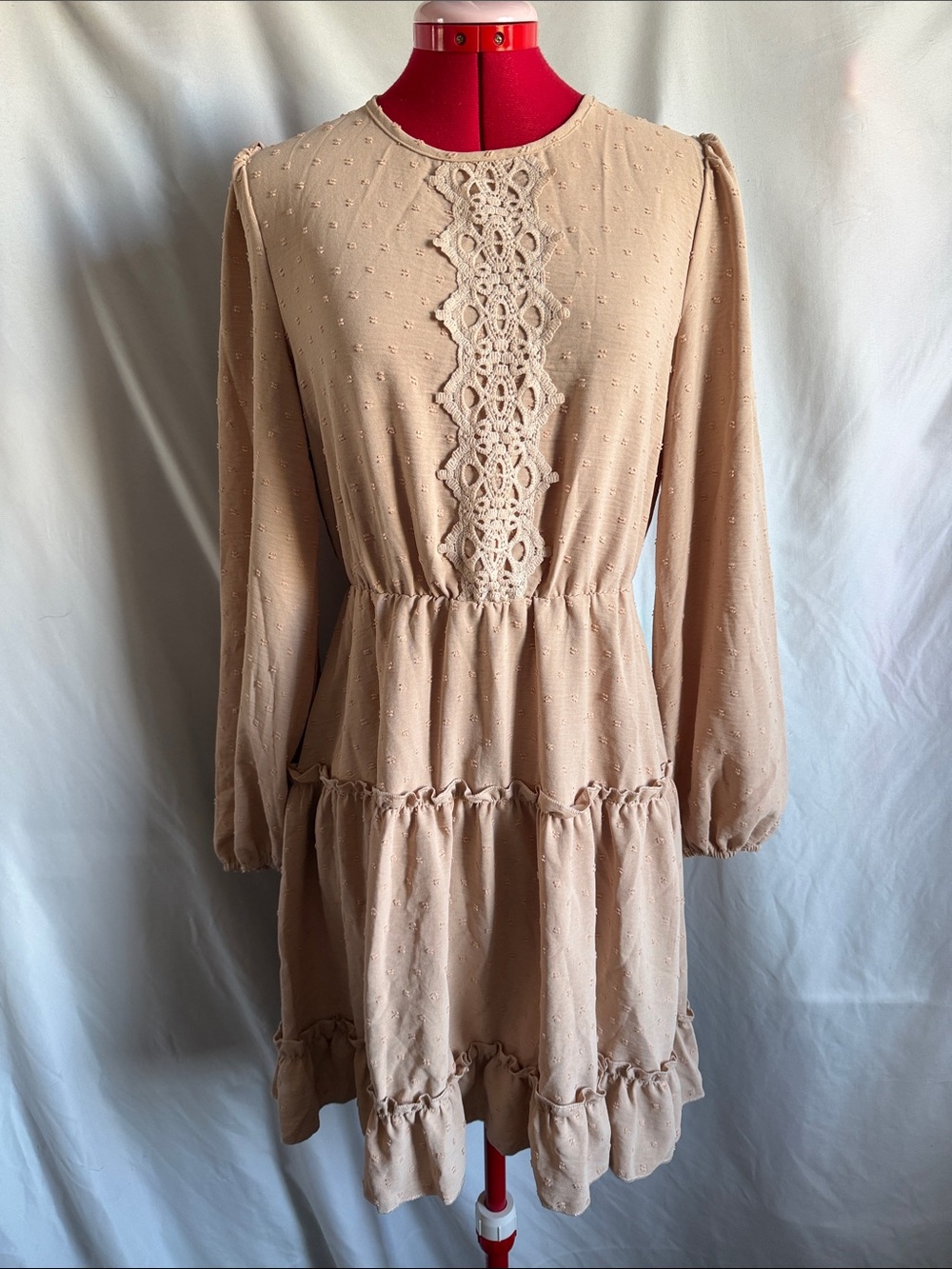 Lace-Panel Long Sleeve Tiered Dress - Cream